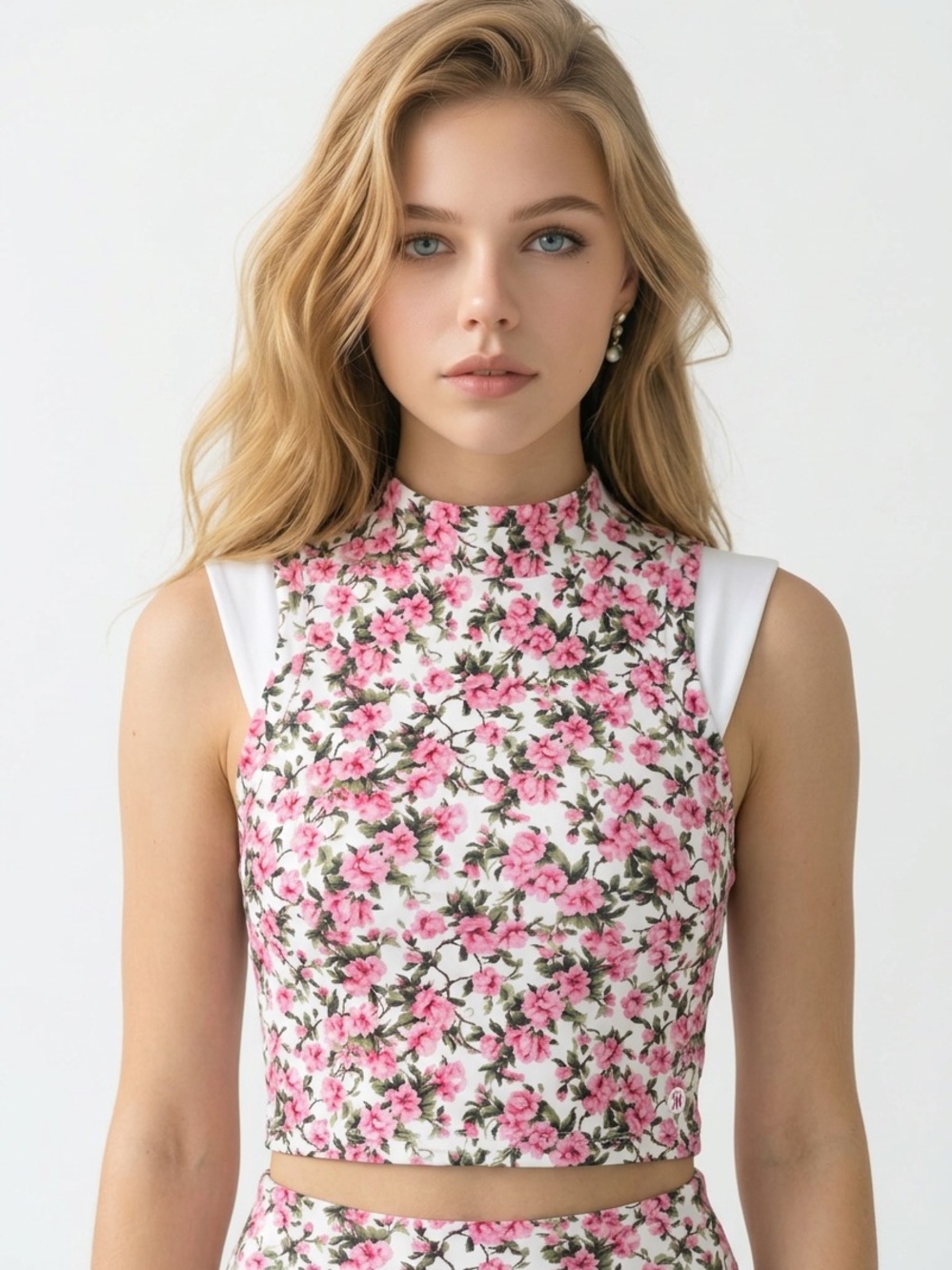 ASTORIA ACTIVEWEAR | Floral Pink High-Neck Crop Top Women’s Size Small